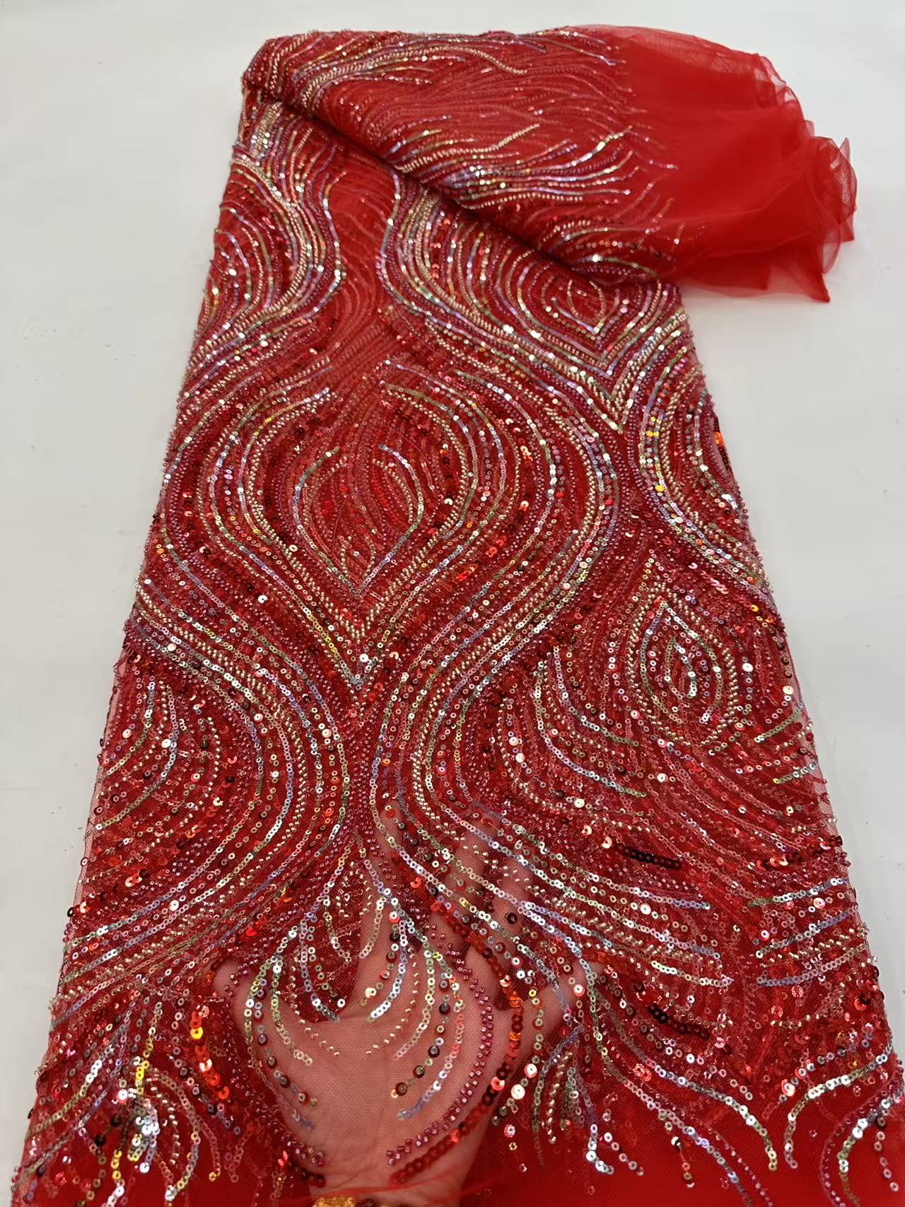 Embroidery Net Fabric - Luxury Red African Beaded Mesh Lace