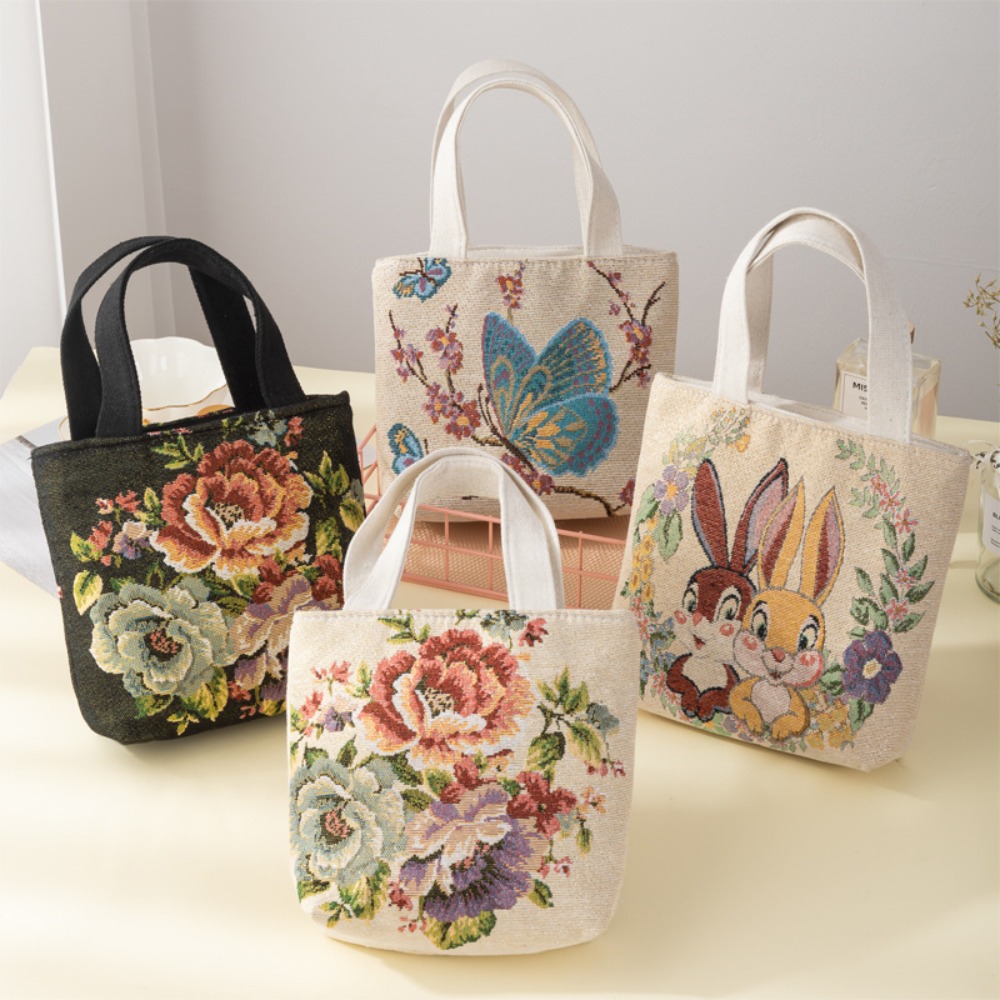 Embroidery Canvas - Embroidery Canvas Bag Cute Cat Flowers