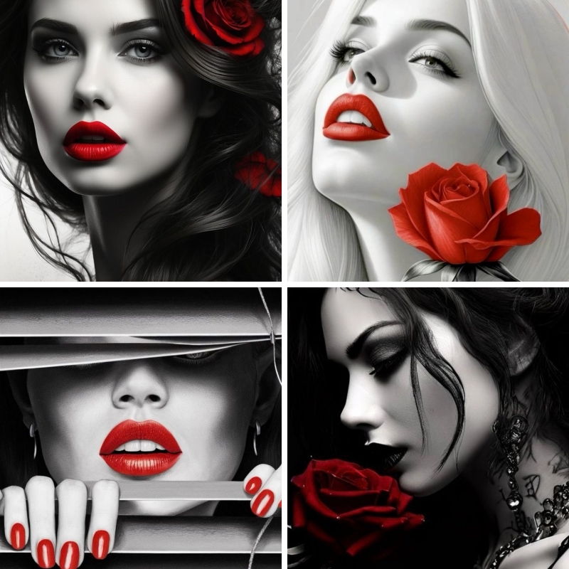 Embroidery Lips - Girl Black White Art Red Lip