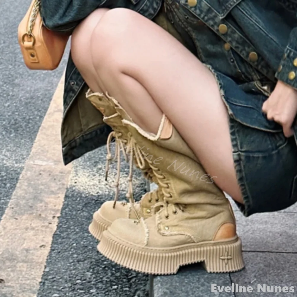Cross-embroidery Lace-up Knee- - Embroidery Canvas recensie en prijs