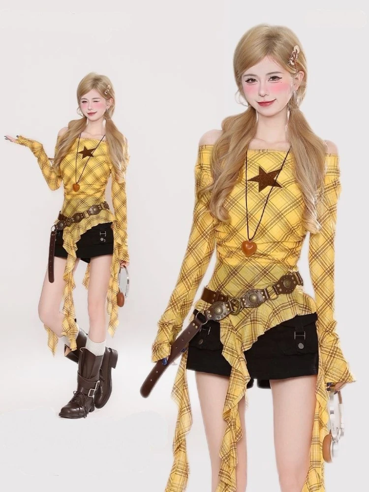 Y2K Plaid Slash Neck Vintage T - Embroidery Origin recensie en prijs