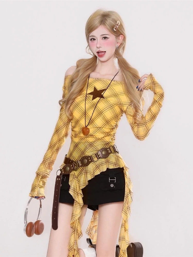 Y2K Plaid Slash Neck Vintage T - Embroidery Origin recensie en prijs