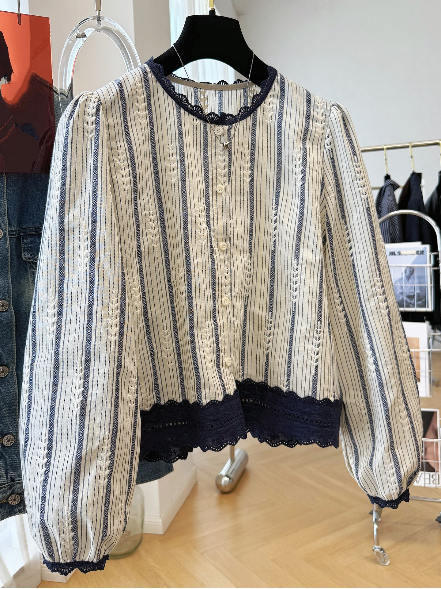 Women's Striped Lace Trim Blou - Embroidery Origin recensie en prijs