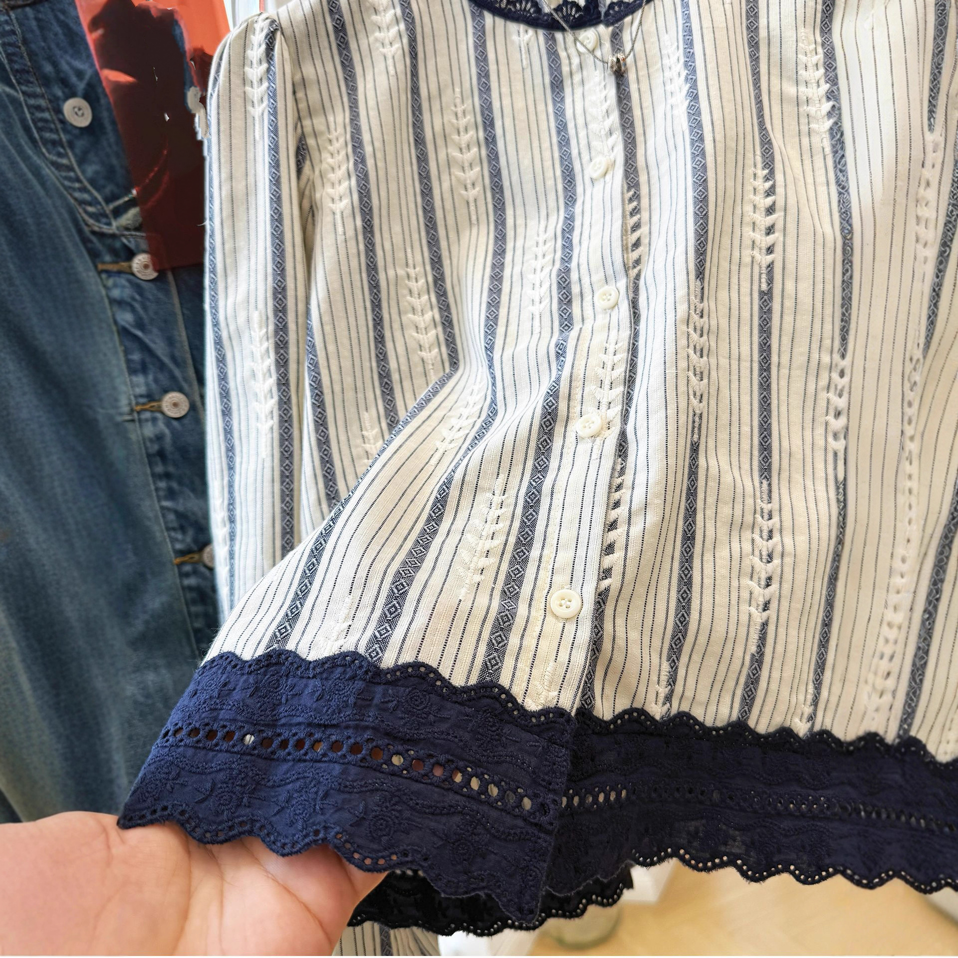 Women's Striped Lace Trim Blou - Embroidery Origin recensie en prijs